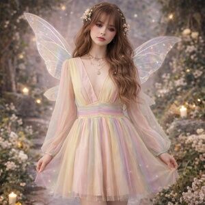 Double Crazy Mini Dress V-Neck Long Sleeve Sheer Pastel Whimsical Fairycore